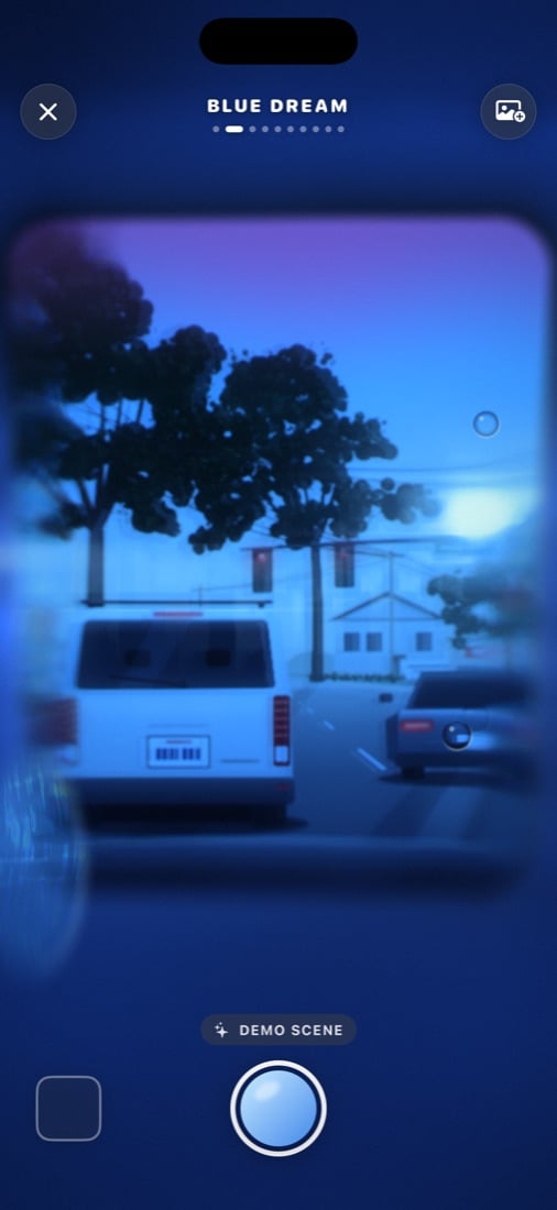 A street seen through blue oil in the Vape Cam camera